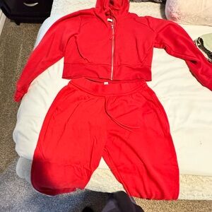 Red Cropped Hoodie and Jogger Set